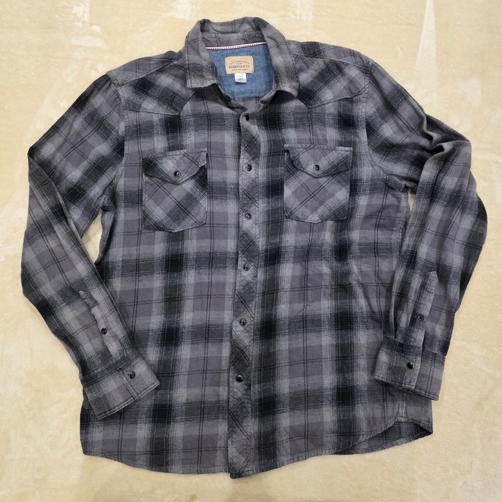 ROEBUCK & CO Men Flannel Shirt L Gray Black Plaid Western Button Down Heritage